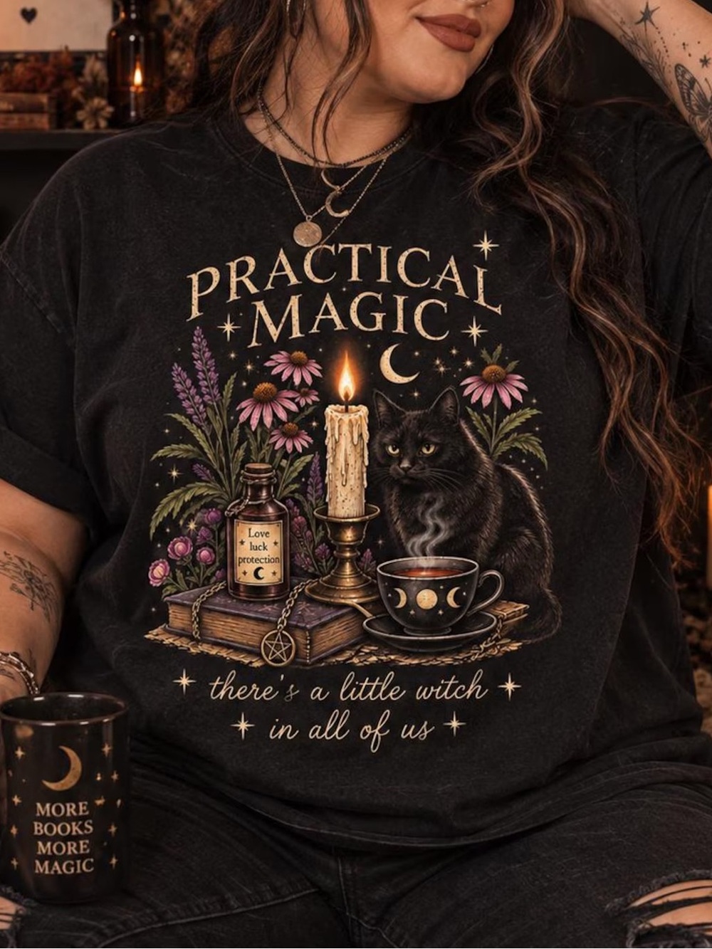 Practical Magic Witchy Home Accent Tee, Mystical Cat Graphic Tee - Unisex Black